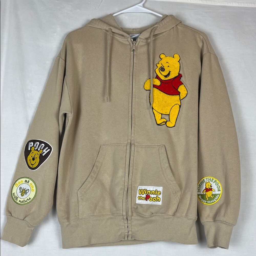 Light Brown Winnie the Pooh Punch Needle and Patches Zip Up Sweatshirt